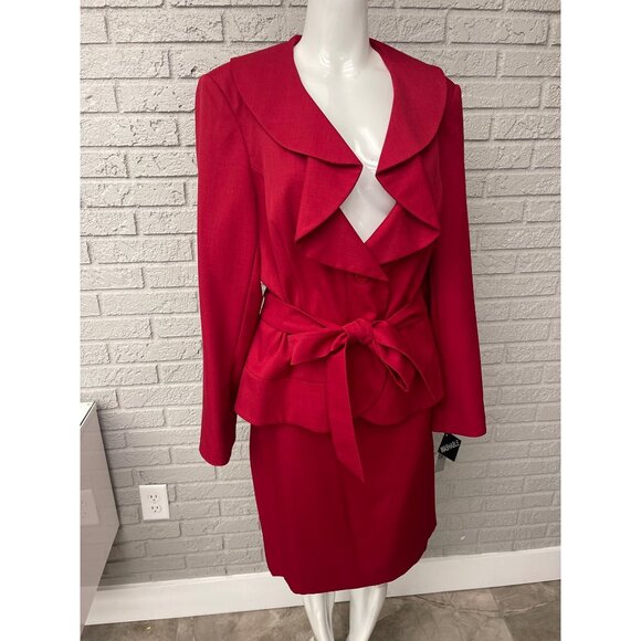 NWT Emily Women Red Long Sleeve Ruffle Collar 2 PCS Skirt Suit Size 18 - Picture 1 of 9